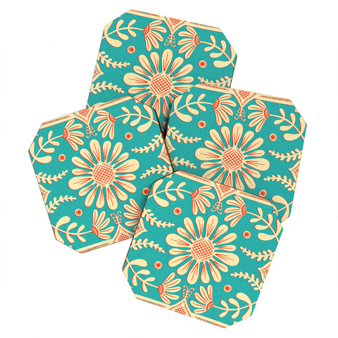 Sewzinski Boho Florals Cream Turquoise Coaster Set