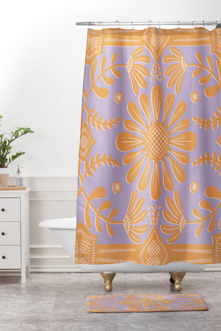 Sewzinski Boho Florals Orange Purple Shower Curtain And Mat