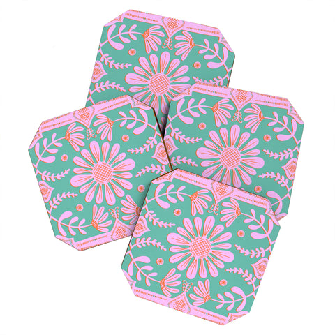 Sewzinski Boho Florals Pink Green Coaster Set