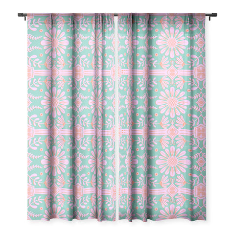 Sewzinski Boho Florals Pink Green Sheer Window Curtain