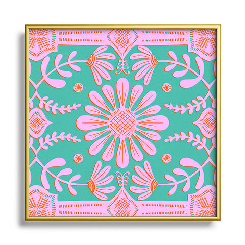 Sewzinski Boho Florals Pink Green Metal Square Framed Art Print