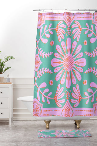 Sewzinski Boho Florals Pink Green Shower Curtain And Mat