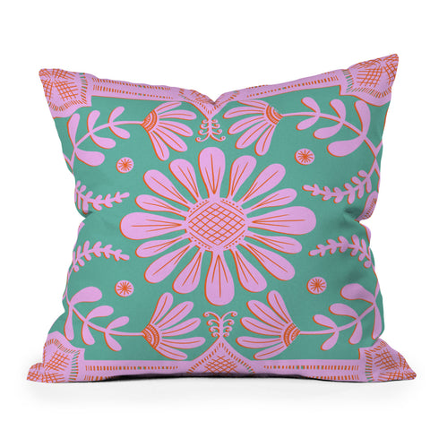 Sewzinski Boho Florals Pink Green Outdoor Throw Pillow
