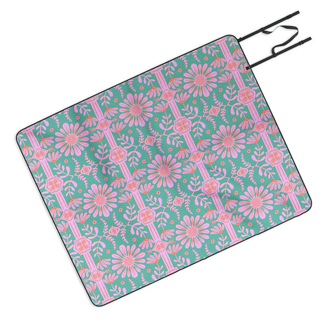 Sewzinski Boho Florals Pink Green Picnic Blanket