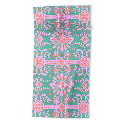 Sewzinski Boho Florals Pink Green Beach Towel