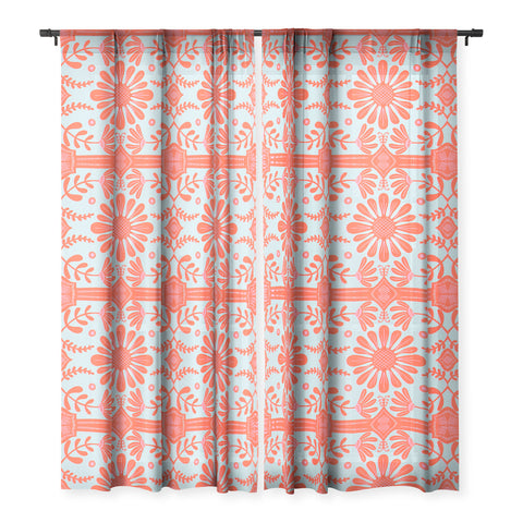 Sewzinski Boho Florals Red and Icy Blue Sheer Window Curtain