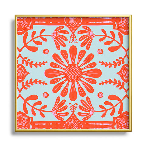 Sewzinski Boho Florals Red and Icy Blue Metal Square Framed Art Print