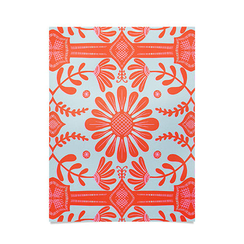 Sewzinski Boho Florals Red and Icy Blue Poster