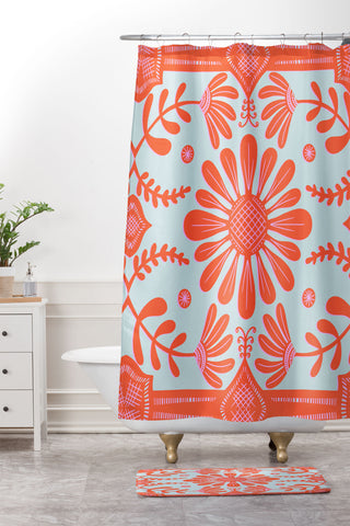 Sewzinski Boho Florals Red and Icy Blue Shower Curtain And Mat