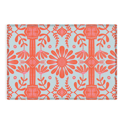 Sewzinski Boho Florals Red and Icy Blue Outdoor Rug