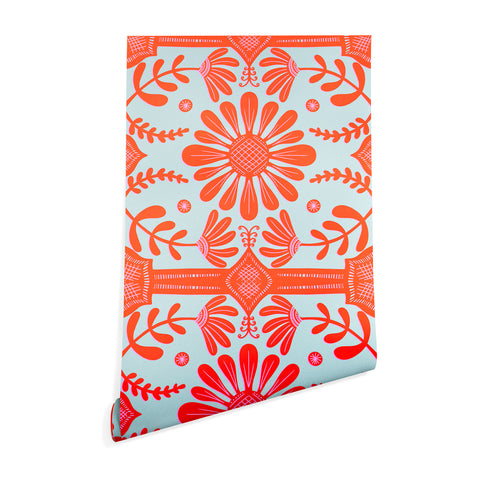 Sewzinski Boho Florals Red and Icy Blue Wallpaper