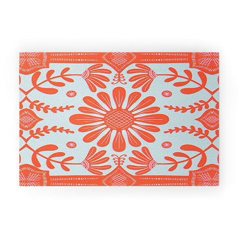 Sewzinski Boho Florals Red and Icy Blue Welcome Mat