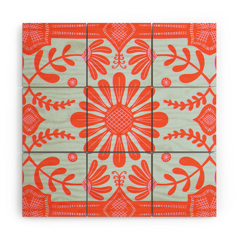 Sewzinski Boho Florals Red and Icy Blue Wood Wall Mural