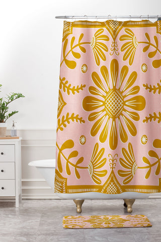 Sewzinski Boho Florals Yellow White Pink Shower Curtain And Mat