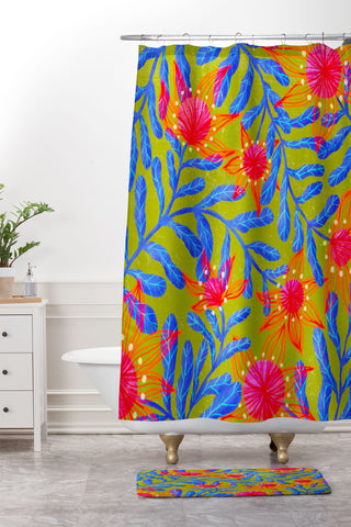 Sewzinski Bright Flowers on Green Shower Curtain And Mat
