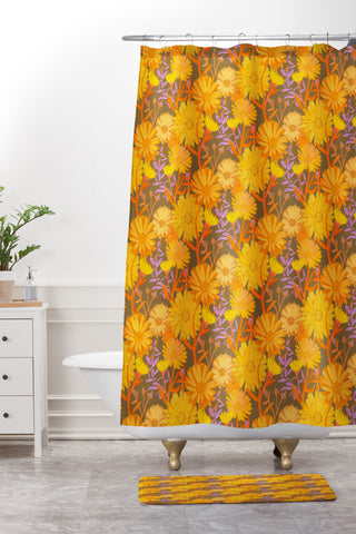 Sewzinski Calendula Floral Pattern Shower Curtain And Mat