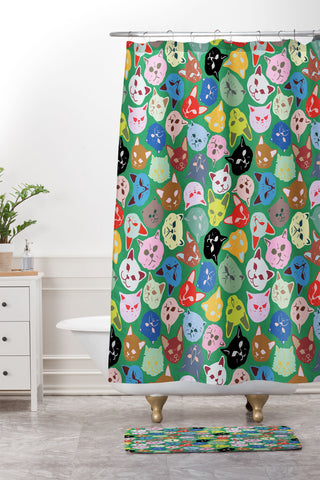 Sewzinski Cat Heads Pattern Shower Curtain And Mat