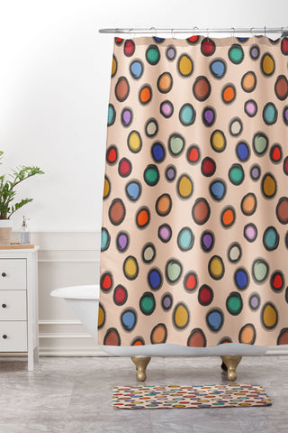 Sewzinski Colorful Dots on Apricot Shower Curtain And Mat