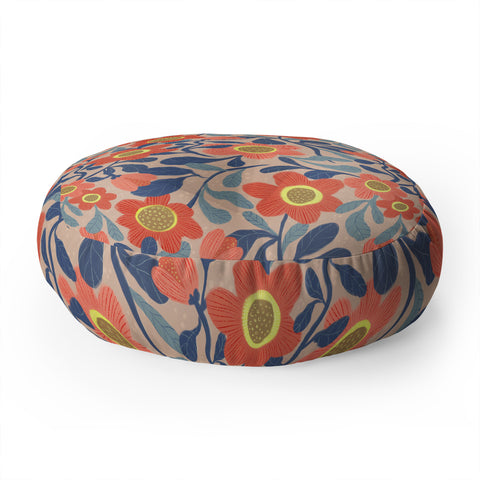 Sewzinski Coral Pink and Blue Flowers Floor Pillow Round