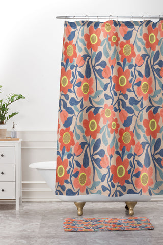 Sewzinski Coral Pink and Blue Flowers Shower Curtain And Mat