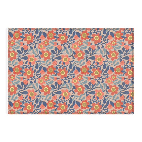 Sewzinski Coral Pink and Blue Flowers Outdoor Rug