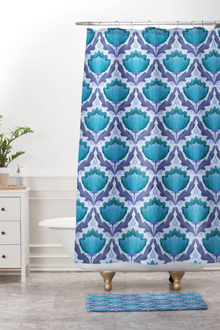 Sewzinski Diamond Floral Pattern Blue Shower Curtain And Mat