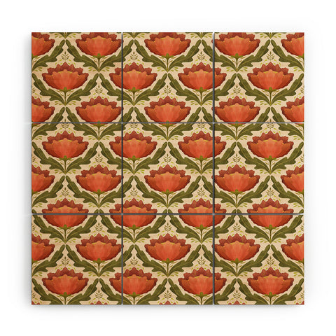 Sewzinski Diamond Floral Pattern Orange Wood Wall Mural