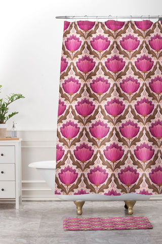 Sewzinski Diamond Floral Pattern Pink Shower Curtain And Mat