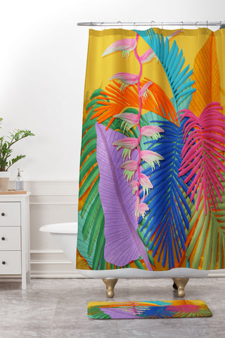 Sewzinski Flamingo Plant and Palm Fronds Shower Curtain And Mat