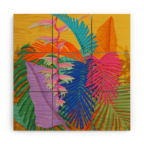Sewzinski Flamingo Plant and Palm Fronds Wood Wall Mural