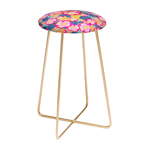 Sewzinski Floating Flowers Pink and Blue Counter Stool