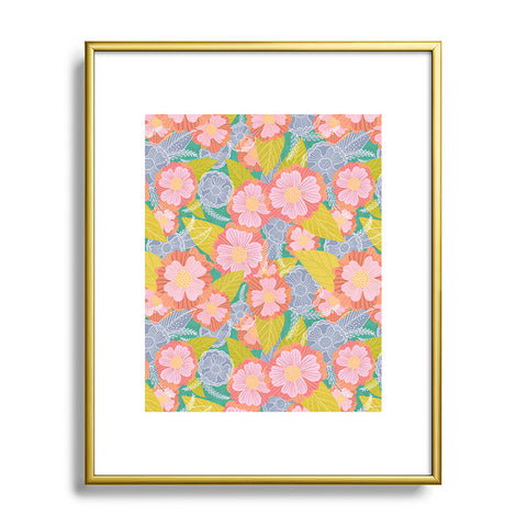 Sewzinski Floating Flowers Pink Green Metal Framed Art Print