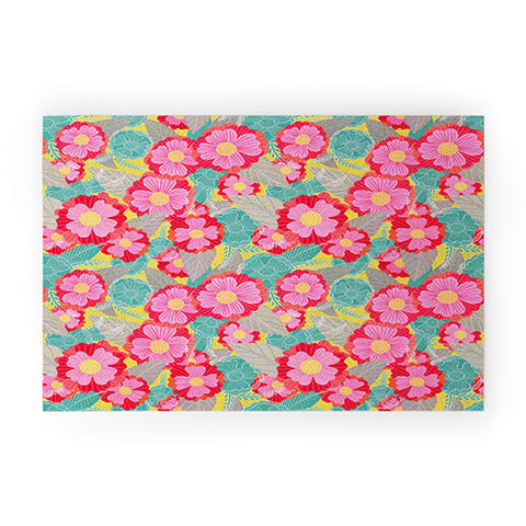 Sewzinski Floating Flowers Red Turquoise Welcome Mat
