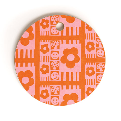 Sewzinski Flowers and Smiles Pink Orange Cutting Board Round