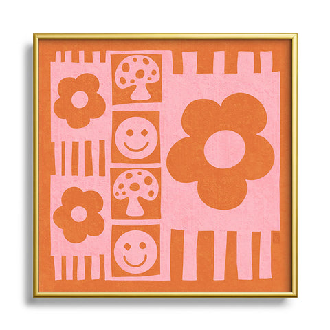 Sewzinski Flowers and Smiles Pink Orange Metal Square Framed Art Print