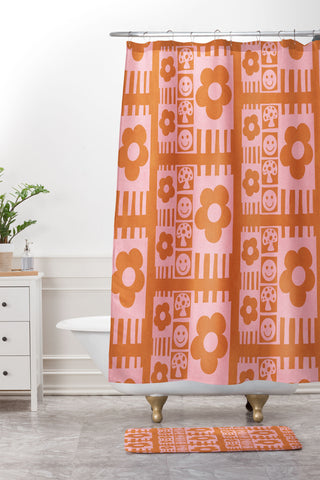 Sewzinski Flowers and Smiles Pink Orange Shower Curtain And Mat