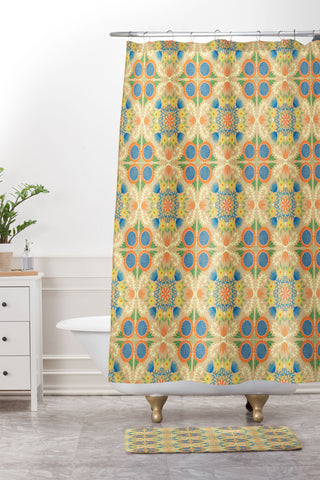 Sewzinski Folk Quilt on Yellow Shower Curtain And Mat