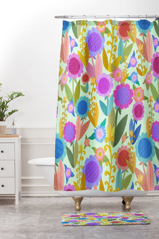 Sewzinski Folk Wildflowers on Mint Shower Curtain And Mat