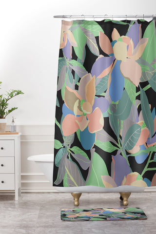 Sewzinski Magnolias on Black Shower Curtain And Mat