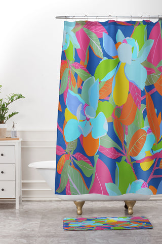 Sewzinski Magnolias on Blue Shower Curtain And Mat