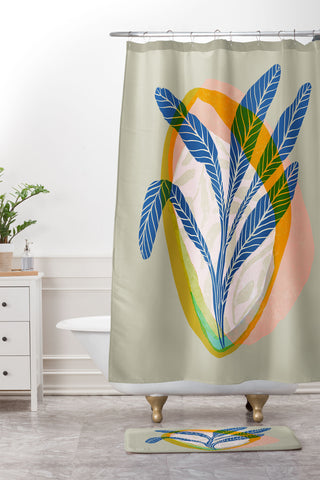 Sewzinski Minimalist Tropical Plant Shower Curtain And Mat