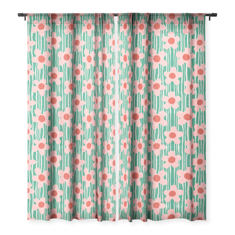 Sewzinski Mod Pink Flowers on Green Sheer Window Curtain