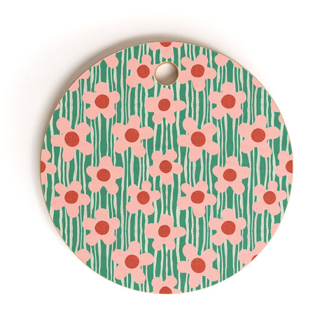 Sewzinski Mod Pink Flowers on Green Cutting Board Round