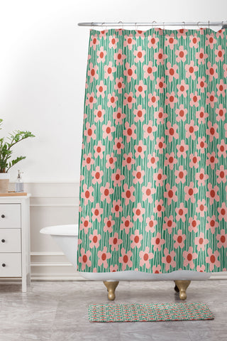 Sewzinski Mod Pink Flowers on Green Shower Curtain And Mat