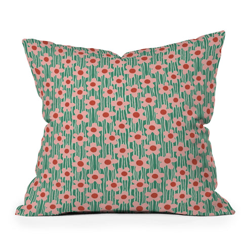 Sewzinski Mod Pink Flowers on Green Outdoor Throw Pillow