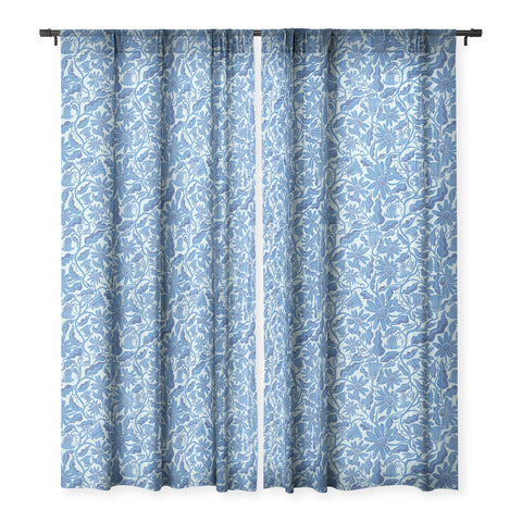 Sewzinski Monochrome Florals Blue Sheer Window Curtain