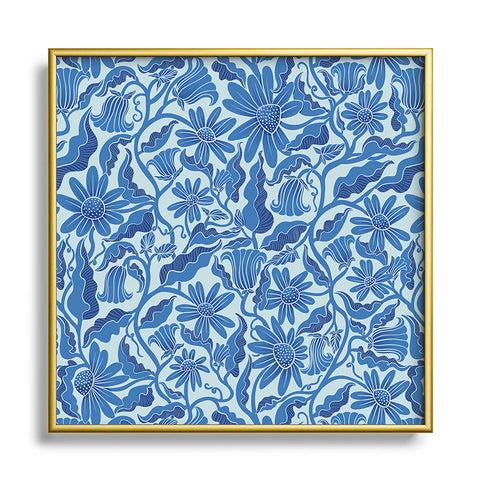 Sewzinski Monochrome Florals Blue Square Metal Framed Art Print