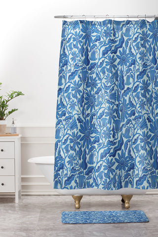 Sewzinski Monochrome Florals Blue Shower Curtain And Mat