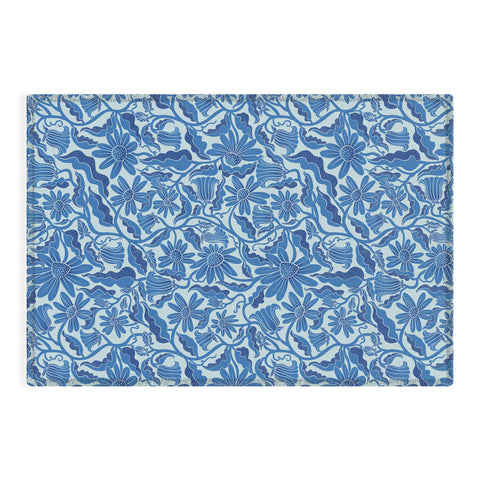 Sewzinski Monochrome Florals Blue Outdoor Rug
