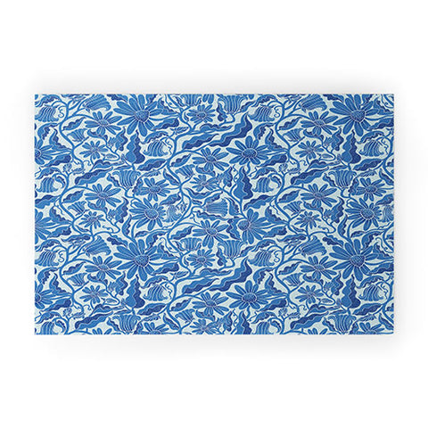 Sewzinski Monochrome Florals Blue Welcome Mat